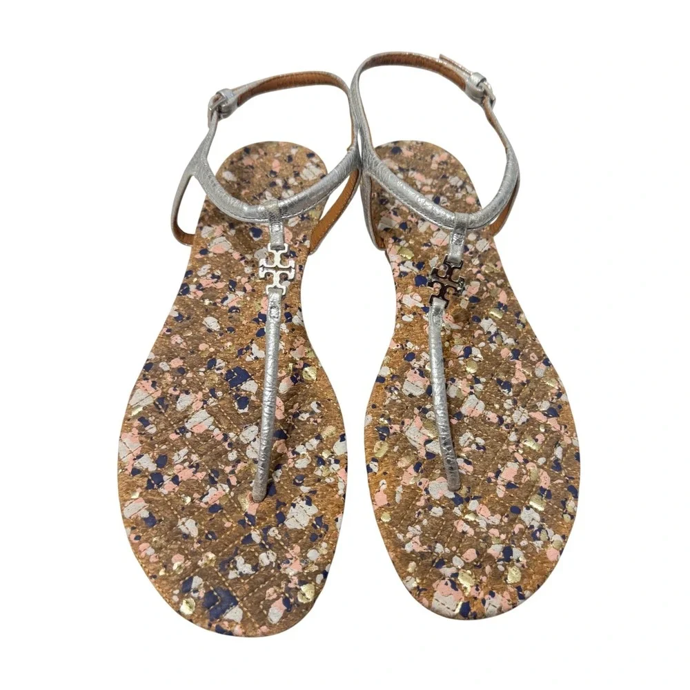 Tory Burch Marion Silver Metallic T-Strap Cork Logo Sandals Shoes‎ Womens 10M